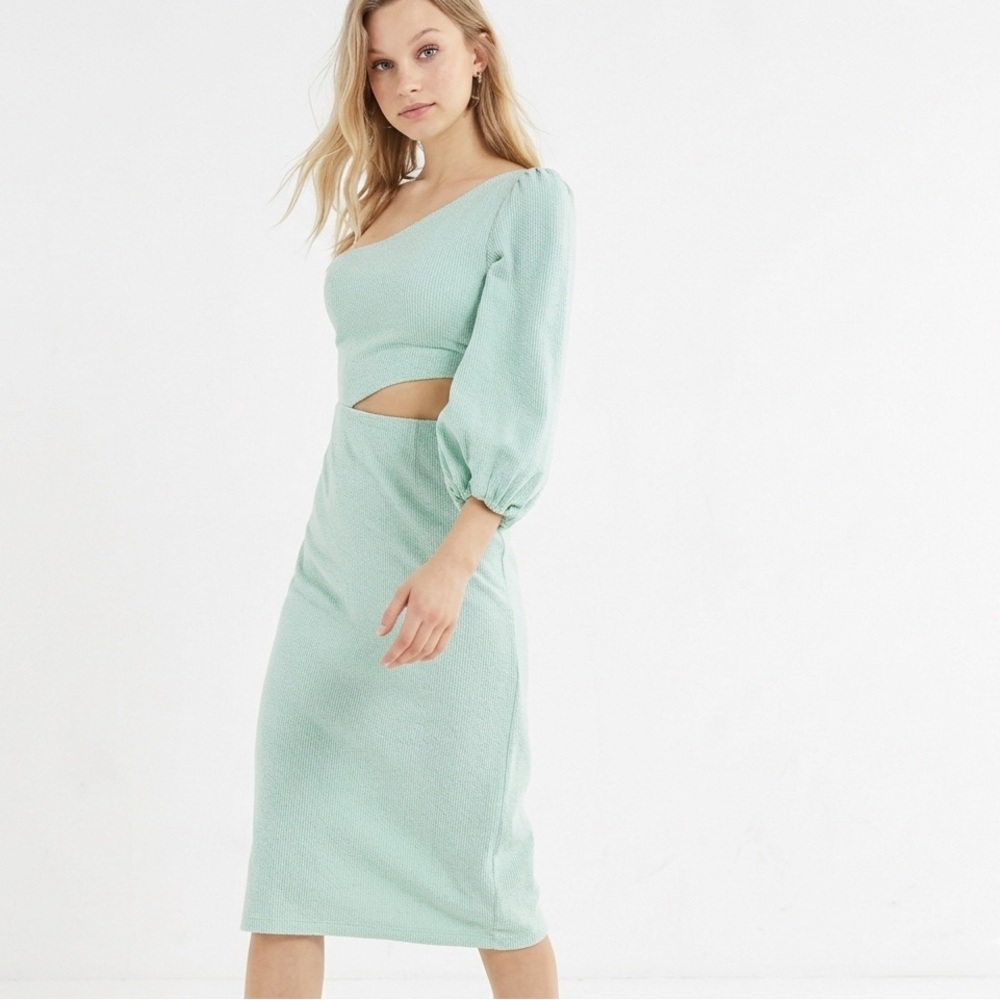 Urban Outfitters Mint Linen Cotton One Shoulder Puff Sleeve Pencil Dress XS S